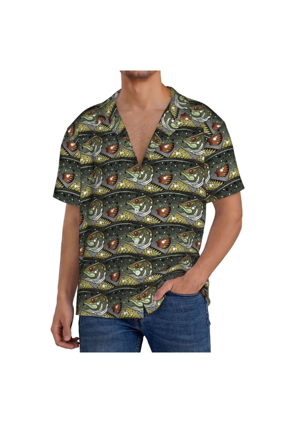 Largemouth Bass Fish Print Men's Button Down Shirts Short Sleeve, Summer Beach Shirts,Vacation Wedding Shirts,Men's Casual Button-Down Shirts with Pocket-Large