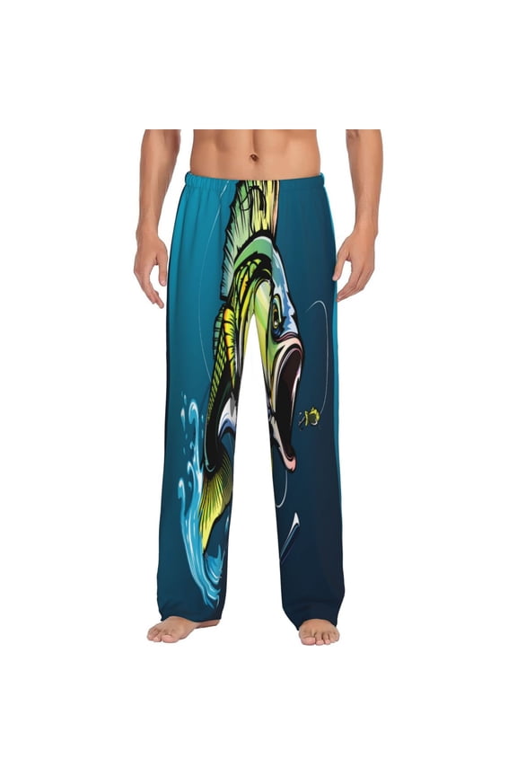 Largemouth Bass Fish Print Pajama Pants for Men,Men’s Pajama Bottoms,Mens PJ Pants with Pockets & Button Fly-Medium