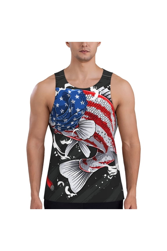 Largemouth Bass Fish in USA Print Men's Workout Tank Top,Quick Dry Workout Tank Top,Gym Muscle Tee,Fitness Bodybuilding Sleeveless T Shirt-Small