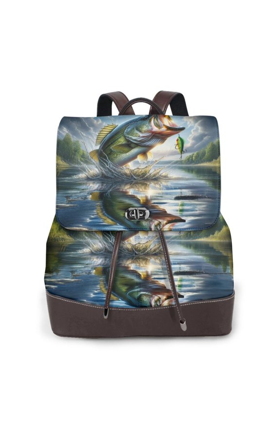 Logiee Largemouth Bass Jumping Out of The Water Print Backpack Purse for Women,Fashion Leather Backpack Purse,Women's Leather Backpack for Work College Travel