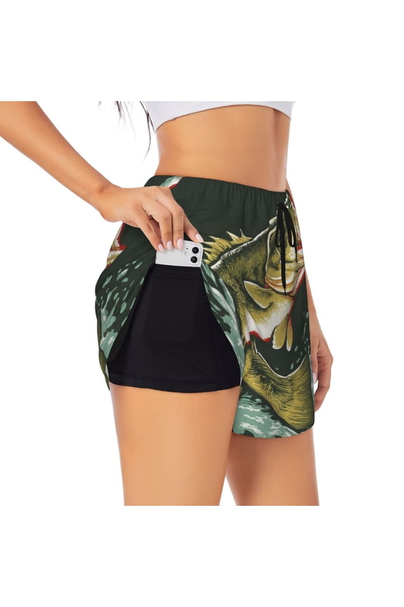 Largemouth Bass jumps out of water Print Women 2 in 1 Running Shorts,High Waisted Athletic Shorts,Gym Workout Shorts with Liner Pockets-Large