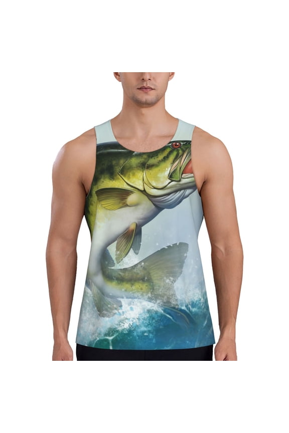 Largemouth Bass jumps out of water Print Men's Workout Tank Top,Quick Dry Workout Tank Top,Gym Muscle Tee,Fitness Bodybuilding Sleeveless T Shirt-Medium