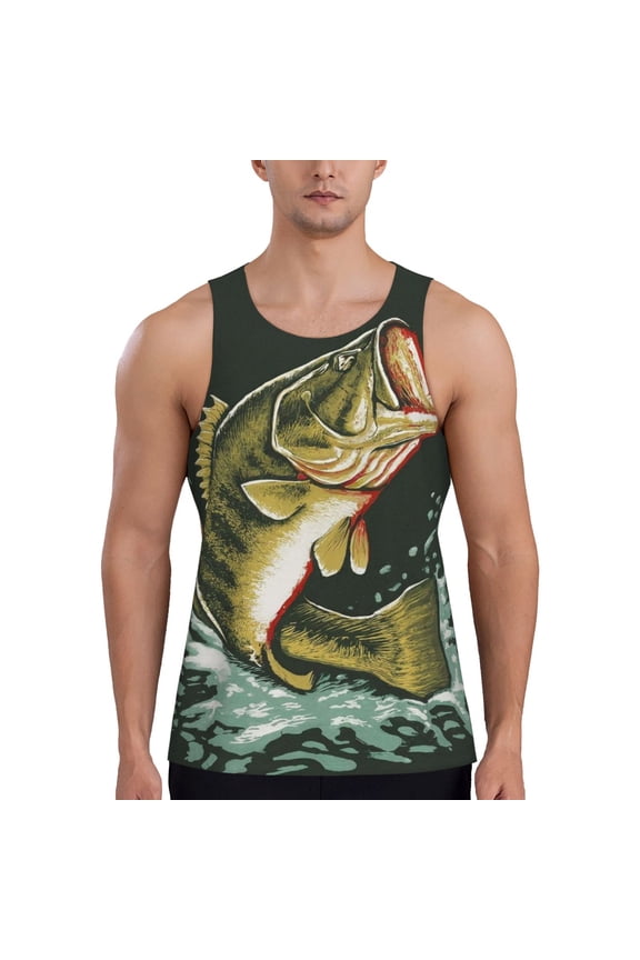 Largemouth Bass jumps out of water Print Men's Workout Tank Top,Quick Dry Workout Tank Top,Gym Muscle Tee,Fitness Bodybuilding Sleeveless T Shirt-X-Large