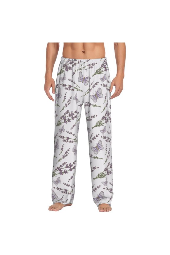 Lavender And Butterfly Print Pajama Pants for Men,Men’s Pajama Bottoms,Mens PJ Pants with Pockets & Button Fly-3X-Large