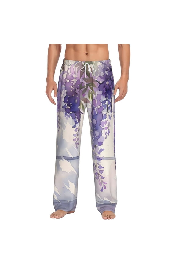 Lavender Blooms Window Print Pajama Pants for Men,Men’s Pajama Bottoms,Mens PJ Pants with Pockets & Button Fly-3X-Large