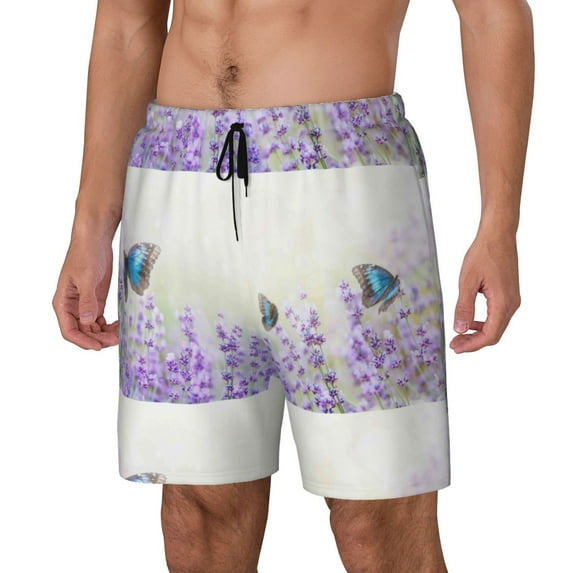 Logiee Lavender and Butterfly Print Men's Swim Trunk,Quick Dry Board Shorts ,Men's Swim Trunks with Compression Liner, Bathing Suits with Pockets-X-Large