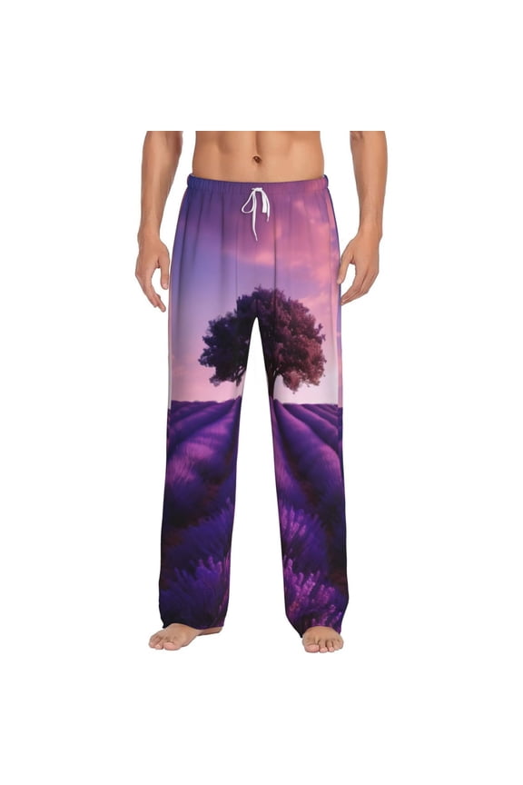 Lavender Field Sunset Print Pajama Pants for Men,Men’s Pajama Bottoms,Mens PJ Pants with Pockets & Button Fly-Small