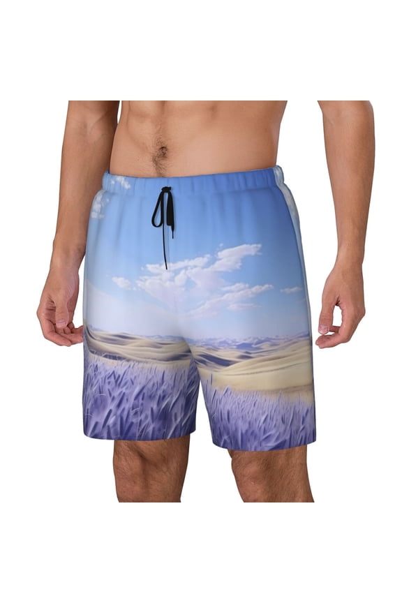 Lavender Fields Under Blue Sky Print Men's Swim Trunk,Quick Dry Board Shorts ,Men's Swim Trunks with Compression Liner, Bathing Suits with Pockets-3X-Large