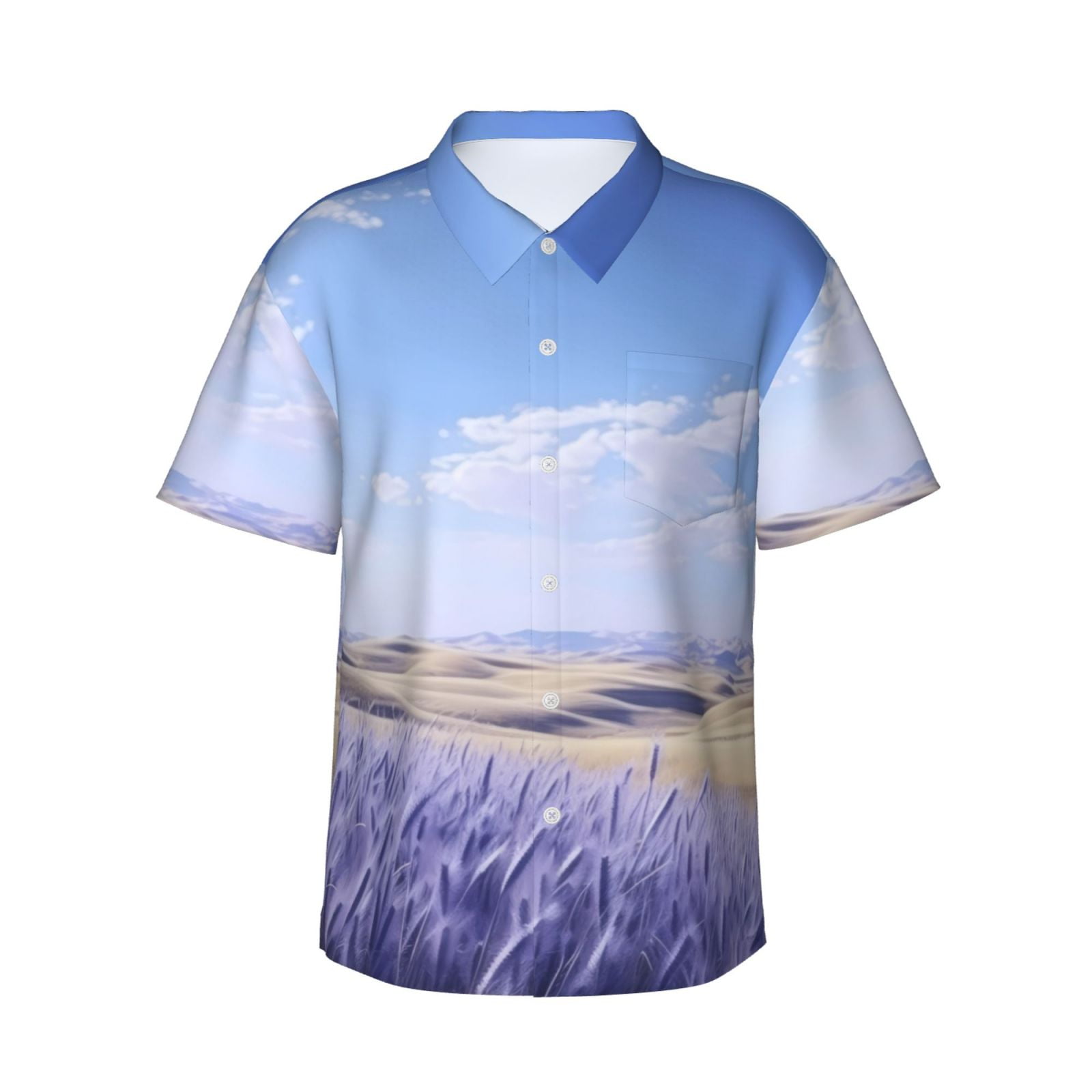 Logiee Lavender Fields Under Blue Sky Print Mens Hawaiian Shirts,Loose-Fit Short Sleeve Button Down Tropical Aloha Beach Shirt,Summer Vacation Wedding Tops,Medium