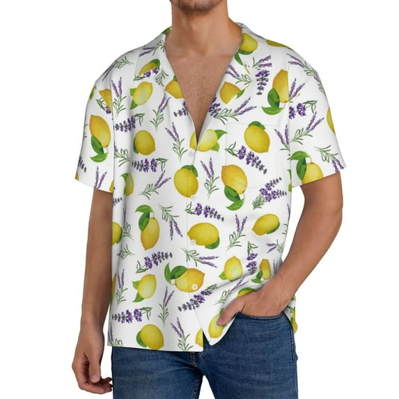 Logiee Lavender Flowers Print Men's Button Down Shirts Short Sleeve, Summer Beach Shirts,Vacation Wedding Shirts,Men's Casual Button-Down Shirts with Pocket-Large