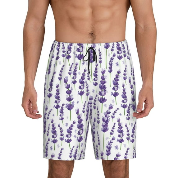 Logiee Lavender Flowers Print Men's Pajama Shorts with Drawstring & Pockets,Sleep Shorts for Men,Sleepwear Bottoms,Elastic Waistband Loungewear-Small