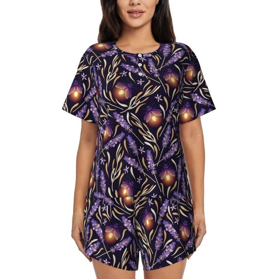 Logiee Lavender Flowers Print Womens Pajamas Set,Short-Sleeve Pajama 2 Piece Sleepwear with Pockets-4X-Large