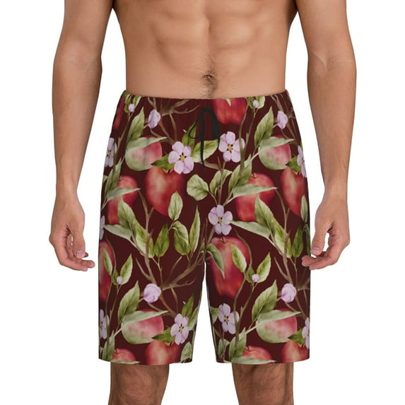 Logiee Leaf And Fruit Print Men's Pajama Shorts with Drawstring & Pockets,Sleep Shorts for Men,Sleepwear Bottoms,Elastic Waistband Loungewear-Small