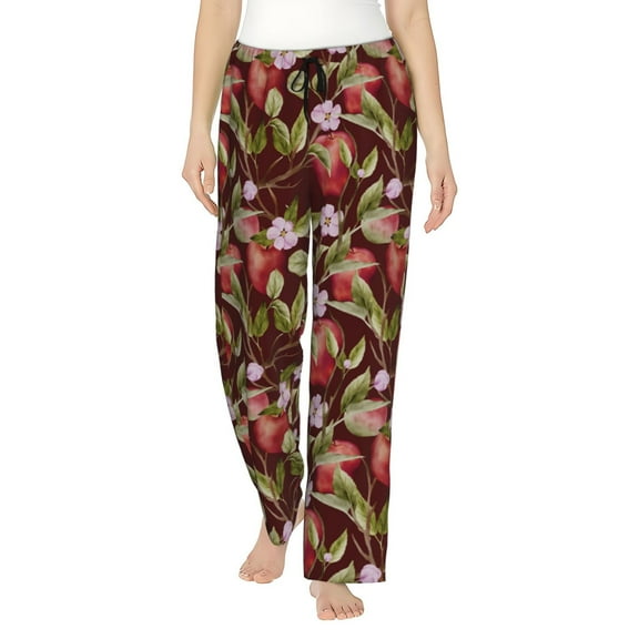 Logiee Leaf And Fruit Print Women Pajama Pants,Comfy Pj Bottom with Pockets & Drawstring,Stretch Casual Sleepwear-Small