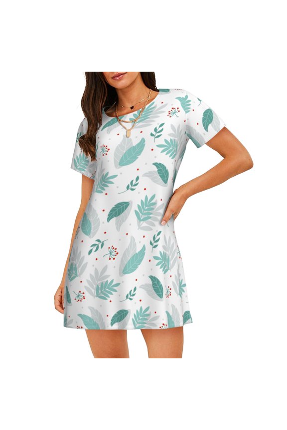 Leaf Print Green Print Nightgowns for Women,Soft Short-Sleeved Lightweight Sleepwear, Loose Sleepshirts