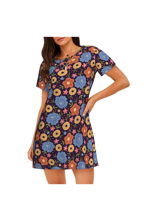 Leaves Flower Print Nightgowns for Women,Soft Short-Sleeved Lightweight Sleepwear, Loose Sleepshirts