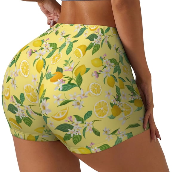 Logiee Lemon (2) Print Women's Biker Shorts,Workout Gym Shorts,Scrunch Shorts,Tummy Control Hidden Scrunch Running Yoga Shorts-X-Large