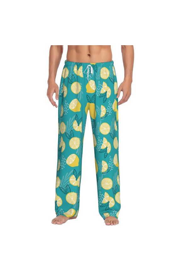 Lemon Blue Print Pajama Pants for Men,Men’s Pajama Bottoms,Mens PJ Pants with Pockets & Button Fly-Large