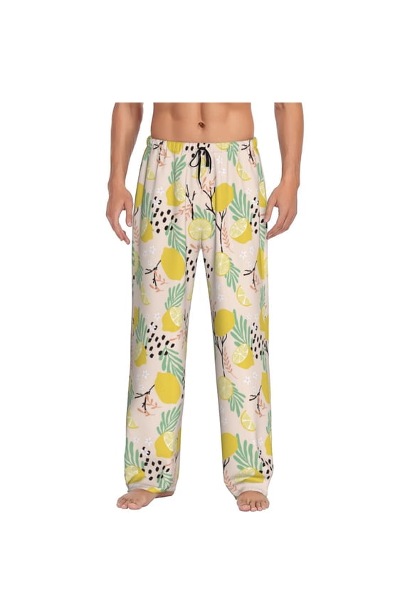 Lemon Leaves Print Pajama Pants for Men,Men’s Pajama Bottoms,Mens PJ Pants with Pockets & Button Fly-Large