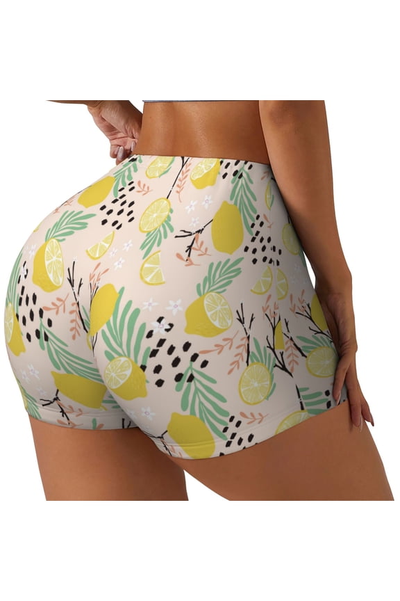 Lemon Leaves Print Women's Biker Shorts,Workout Gym Shorts,Scrunch Shorts,Tummy Control Hidden Scrunch Running Yoga Shorts-XX-Large