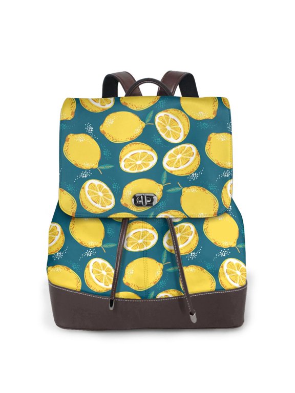 Lemon Print Women's Leather Backpack,Travel Laptop Backpack,Fashion Ladies Leather Backpack Bag for Travel,Leather Drawstring Daypack for Me