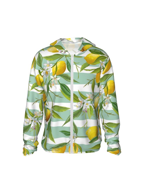 Lemon Print Men's Women Light Jacket Full Zip Sun Protection Hoodie Long Sleeve Sun Shirts for Men Hiking Fishing Zip Pockets-Large