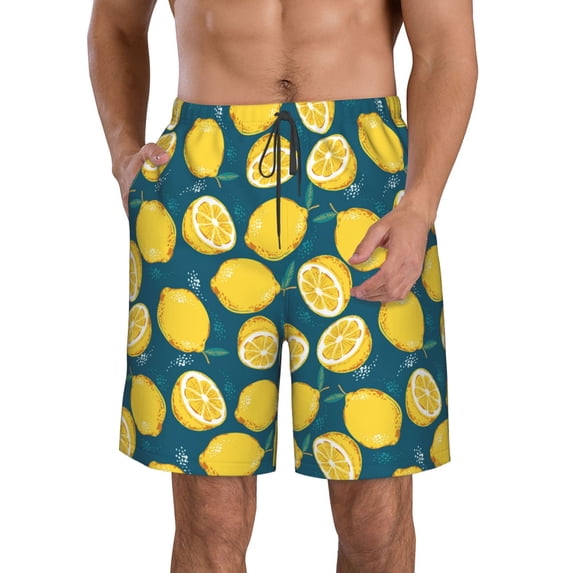 Logiee Lemon Print Mens Swim Trunks Quick Dry Board Shorts,Breathable Hawaii Beach Shorts Swimwear Bathing Suits-Large