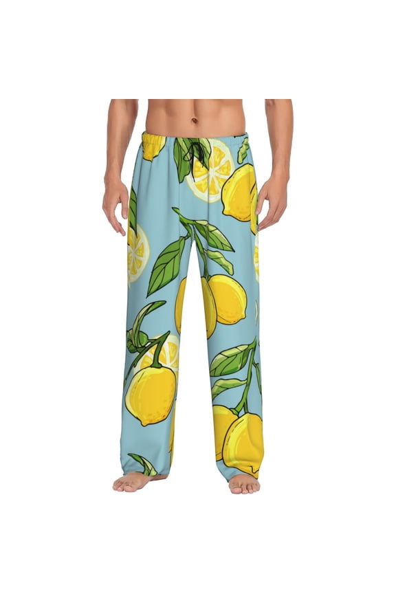 Lemon Print Pajama Pants for Men,Men’s Pajama Bottoms,Mens PJ Pants with Pockets & Button Fly-Large