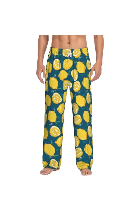 Lemon Print Pajama Pants for Men,Men’s Pajama Bottoms,Mens PJ Pants with Pockets & Button Fly-Large