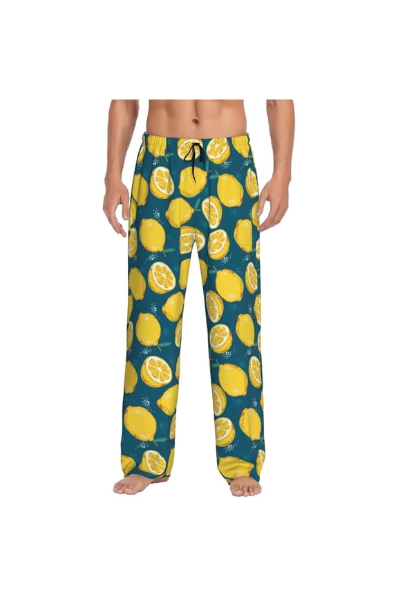 Lemon Print Pajama Pants for Men,Men’s Pajama Bottoms,Mens PJ Pants with Pockets & Button Fly-Small