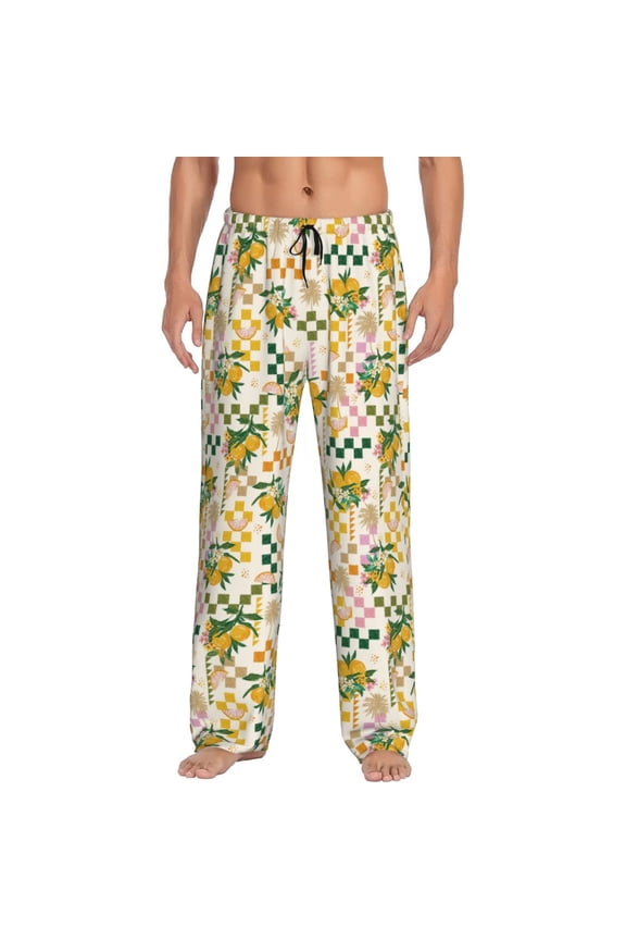 Lemon Print Pajama Pants for Men,Men’s Pajama Bottoms,Mens PJ Pants with Pockets & Button Fly-X-Large