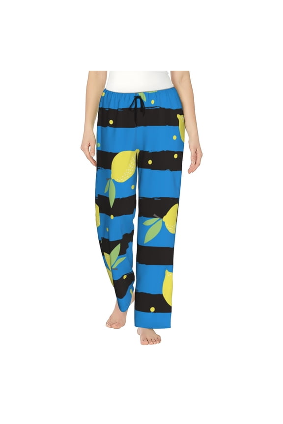Lemon Print Women Pajama Pants,Comfy Pj Bottom with Pockets & Drawstring,Stretch Casual Sleepwear-Medium