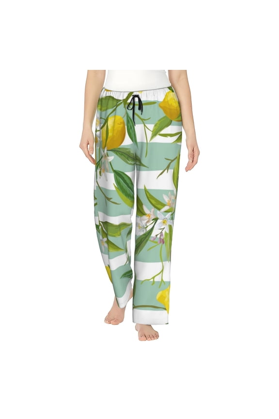 Lemon Print Women Pajama Pants,Comfy Pj Bottom with Pockets & Drawstring,Stretch Casual Sleepwear-Medium