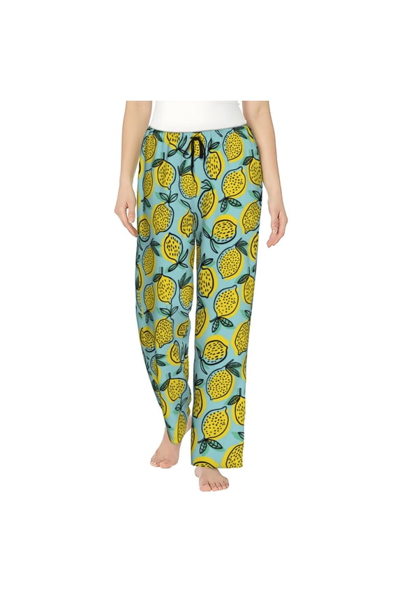 Lemon Print Women Pajama Pants,Comfy Pj Bottom with Pockets & Drawstring,Stretch Casual Sleepwear-Medium