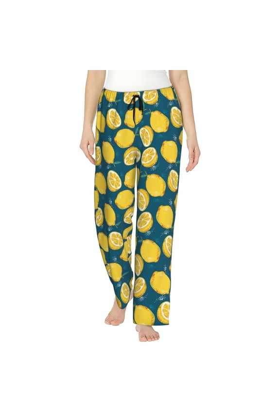 Lemon Print Women Pajama Pants,Comfy Pj Bottom with Pockets & Drawstring,Stretch Casual Sleepwear-Medium