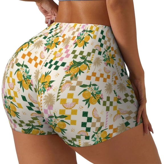 Logiee Lemon Print Women's Biker Shorts,Workout Gym Shorts,Scrunch Shorts,Tummy Control Hidden Scrunch Running Yoga Shorts-Large