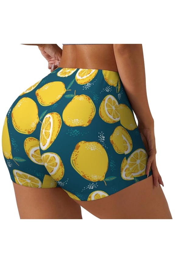 Lemon Print Women's Biker Shorts,Workout Gym Shorts,Scrunch Shorts,Tummy Control Hidden Scrunch Running Yoga Shorts-X-Large