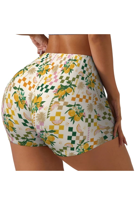Lemon Print Women's Biker Shorts,Workout Gym Shorts,Scrunch Shorts,Tummy Control Hidden Scrunch Running Yoga Shorts-XX-Large