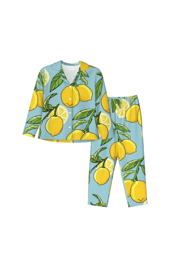 Lemon Print Womens Pajamas Set,Long Sleeve Sleepwear,Button Down Lounge Set 2 Pieces,Soft Nightwear Pjs Set-Large