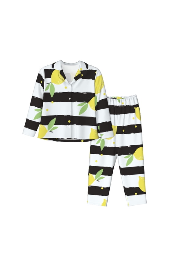 Lemon Print Womens Pajamas Set,Long Sleeve Sleepwear,Button Down Lounge Set 2 Pieces,Soft Nightwear Pjs Set-Medium