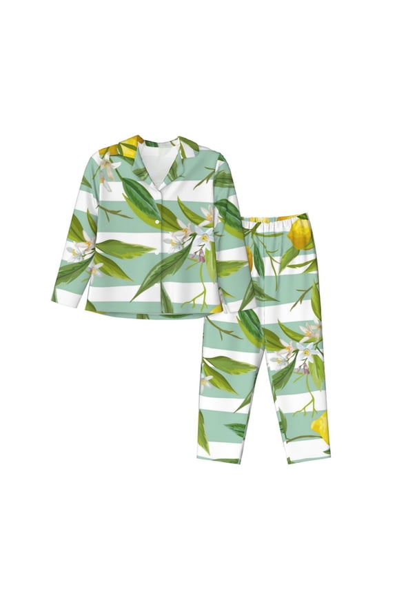 Lemon Print Womens Pajamas Set,Long Sleeve Sleepwear,Button Down Lounge Set 2 Pieces,Soft Nightwear Pjs Set-XX-Large