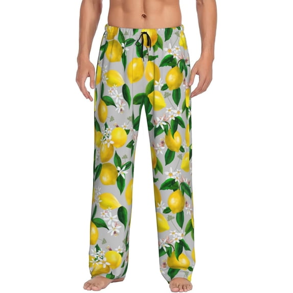 Logiee Lemon Seamless Pattern Oil Painting Effect Print Pajama Pants for Men,Men’s Pajama Bottoms,Mens PJ Pants with Pockets & Button Fly-Small