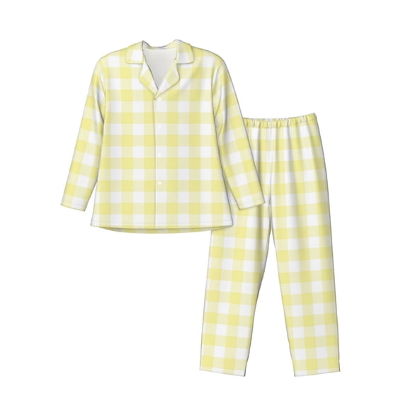 Logiee Lemon Yellow Checkboard Print Mens Long Sleeve Pajama Set,Notched Collar Pajamas for Men, Men's Sleepwear,Mens Sleepwear with Pockets & Button Down-Medium