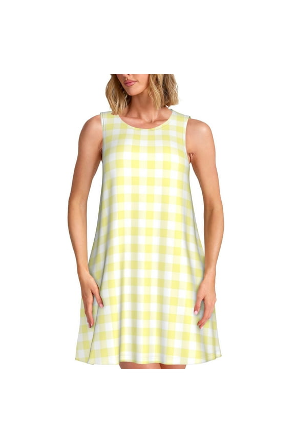 Lemon Yellow Checkboard Print Summer Dresses for Women,Beach Sleeveless Flowy Pocket Tshirt Tank Sundresses,Women's Sleeveless Dress