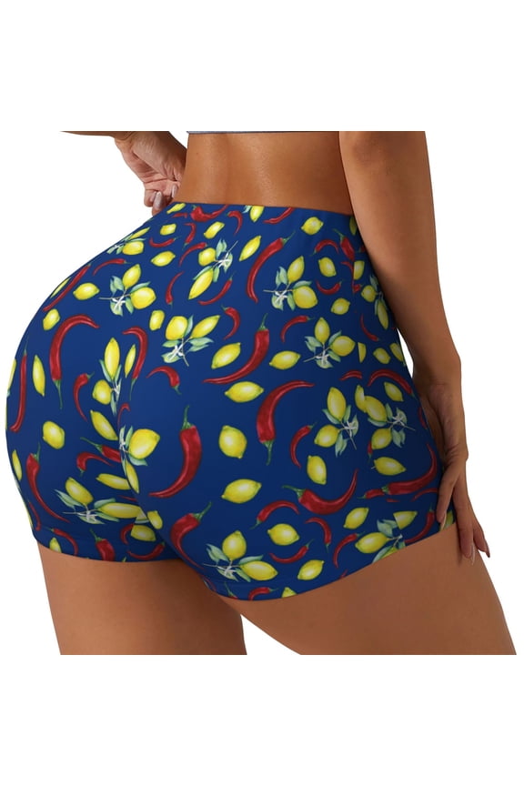 Lemons And Chili Print Women's Biker Shorts,Workout Gym Shorts,Scrunch Shorts,Tummy Control Hidden Scrunch Running Yoga Shorts-X-Large