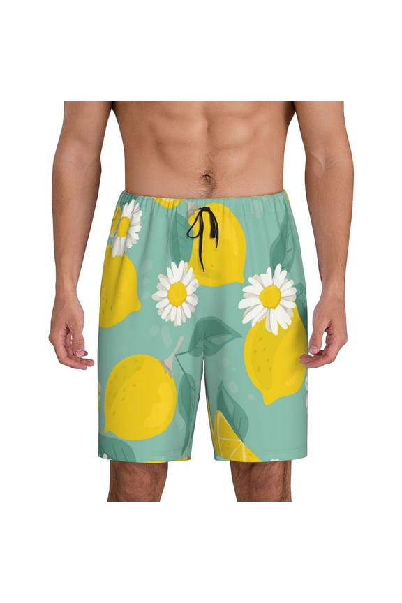 Lemons Chamomile Flowers And Leaves Print Men's Pajama Shorts with Drawstring & Pockets,Sleep Shorts for Men,Sleepwear Bottoms,Elastic Waistband Loungewear-Small