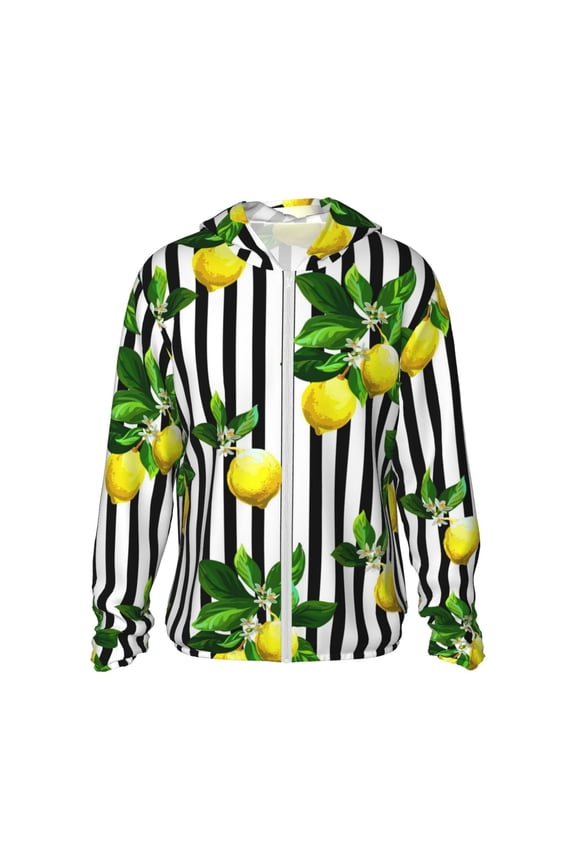 Lemons on Striped Print Men's Women Light Jacket Full Zip Sun Protection Hoodie Long Sleeve Sun Shirts for Men Hiking Fishing Zip Pockets-Medium