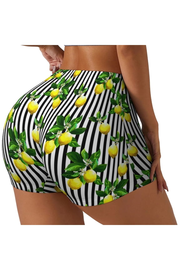 Lemons on Striped Print Women's Biker Shorts,Workout Gym Shorts,Scrunch Shorts,Tummy Control Hidden Scrunch Running Yoga Shorts-Medium