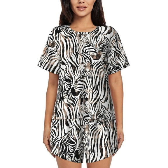 Logiee Leopard And Zebra Print Womens Pajamas Set,Short-Sleeve Pajama 2 Piece Sleepwear with Pockets-Large