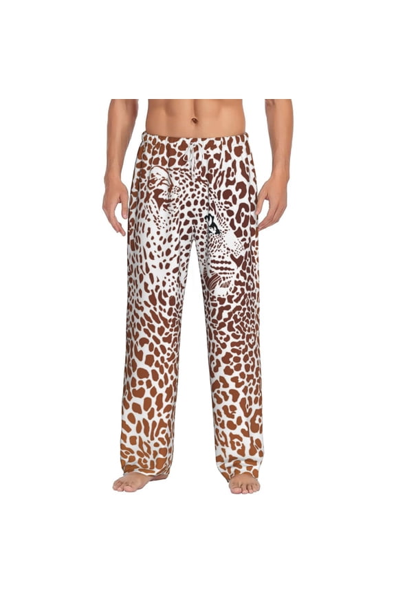 Leopard Brown Print Pajama Pants for Men,Men’s Pajama Bottoms,Mens PJ Pants with Pockets & Button Fly-Large